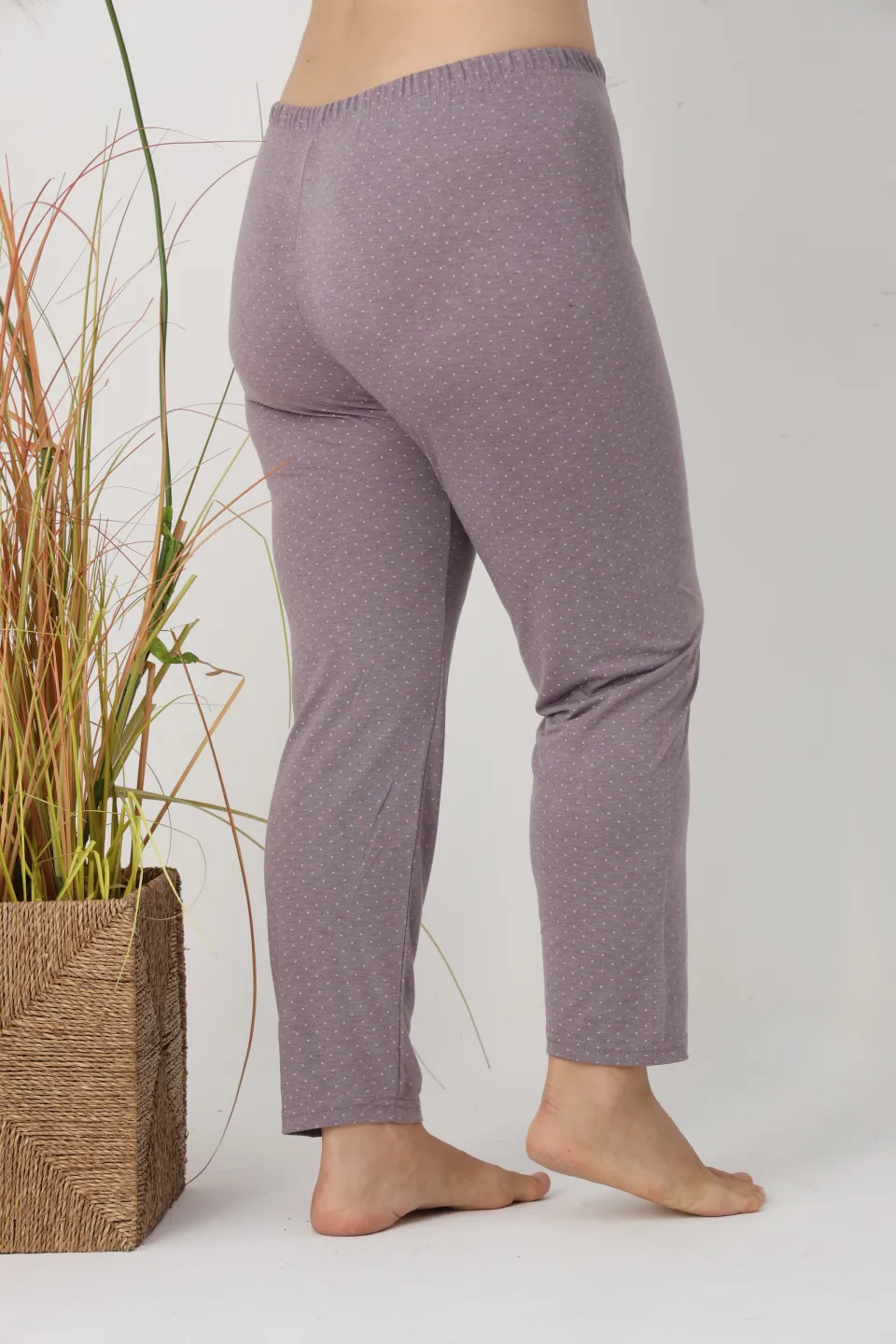 Pantaloni de pijama damă Big Size, gri cu puncte roz
