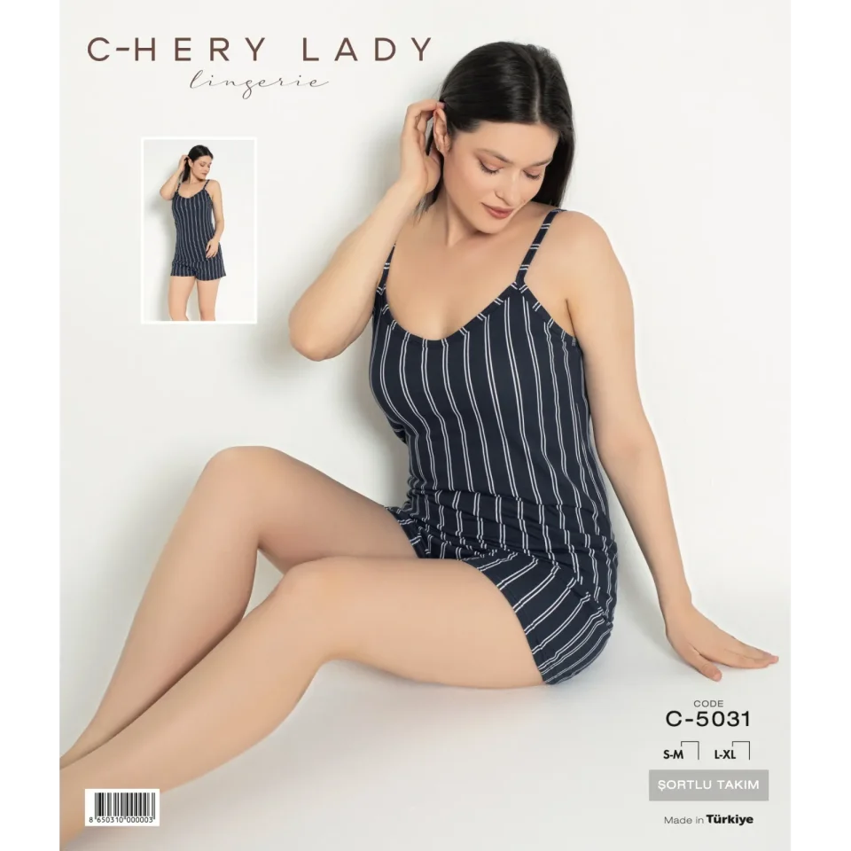 Pijama damă, 100% bumbac, maiou și short, imprimeu dungi, bleumarin