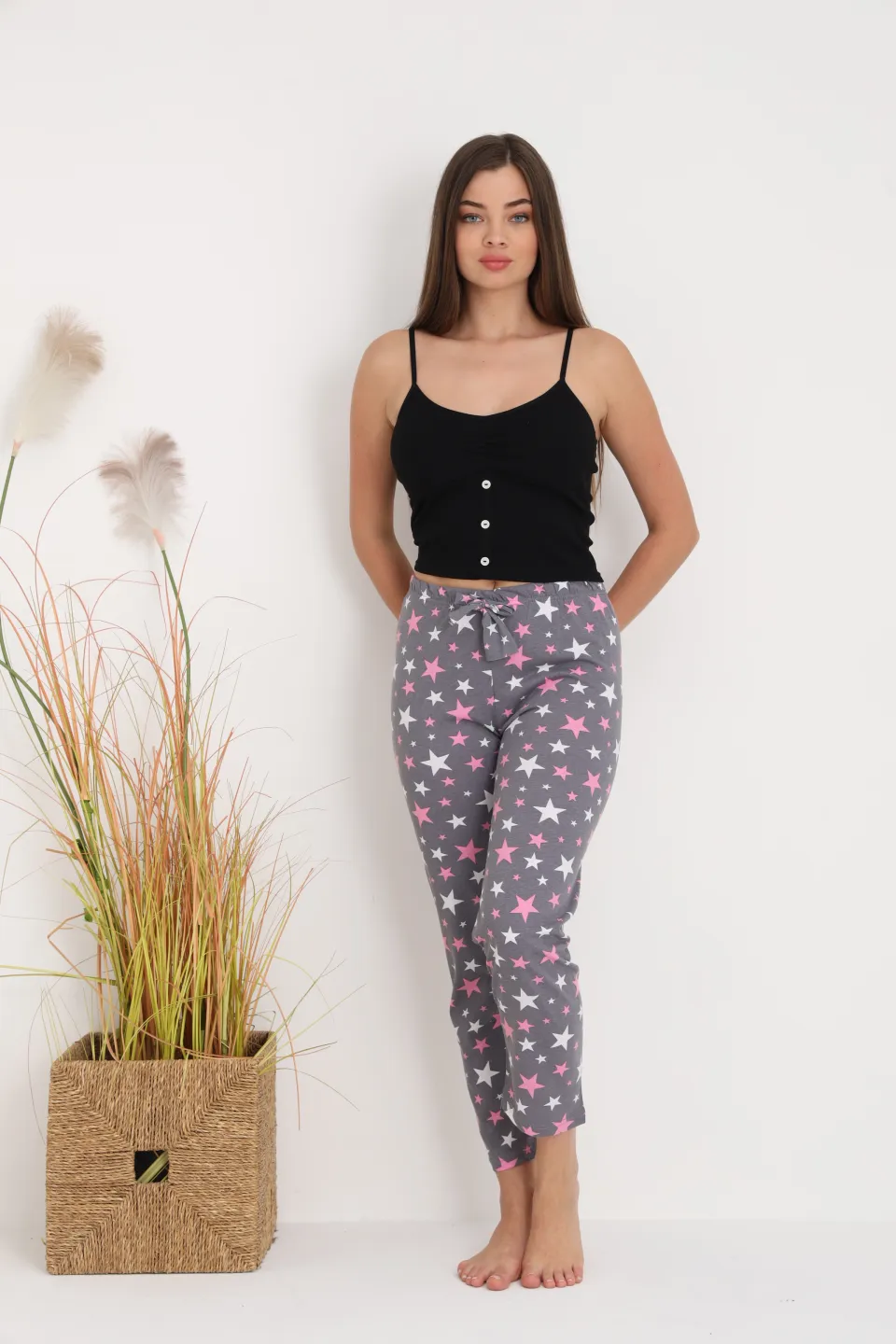 Pantaloni de pijama damă gri cu steluțe
