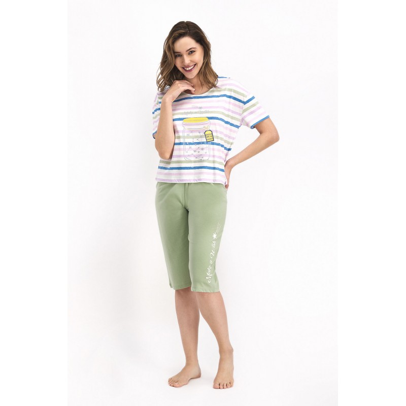 Pijama damă cu mânecă scurtă și pantaloni 3/4, 100% bumbac, verde