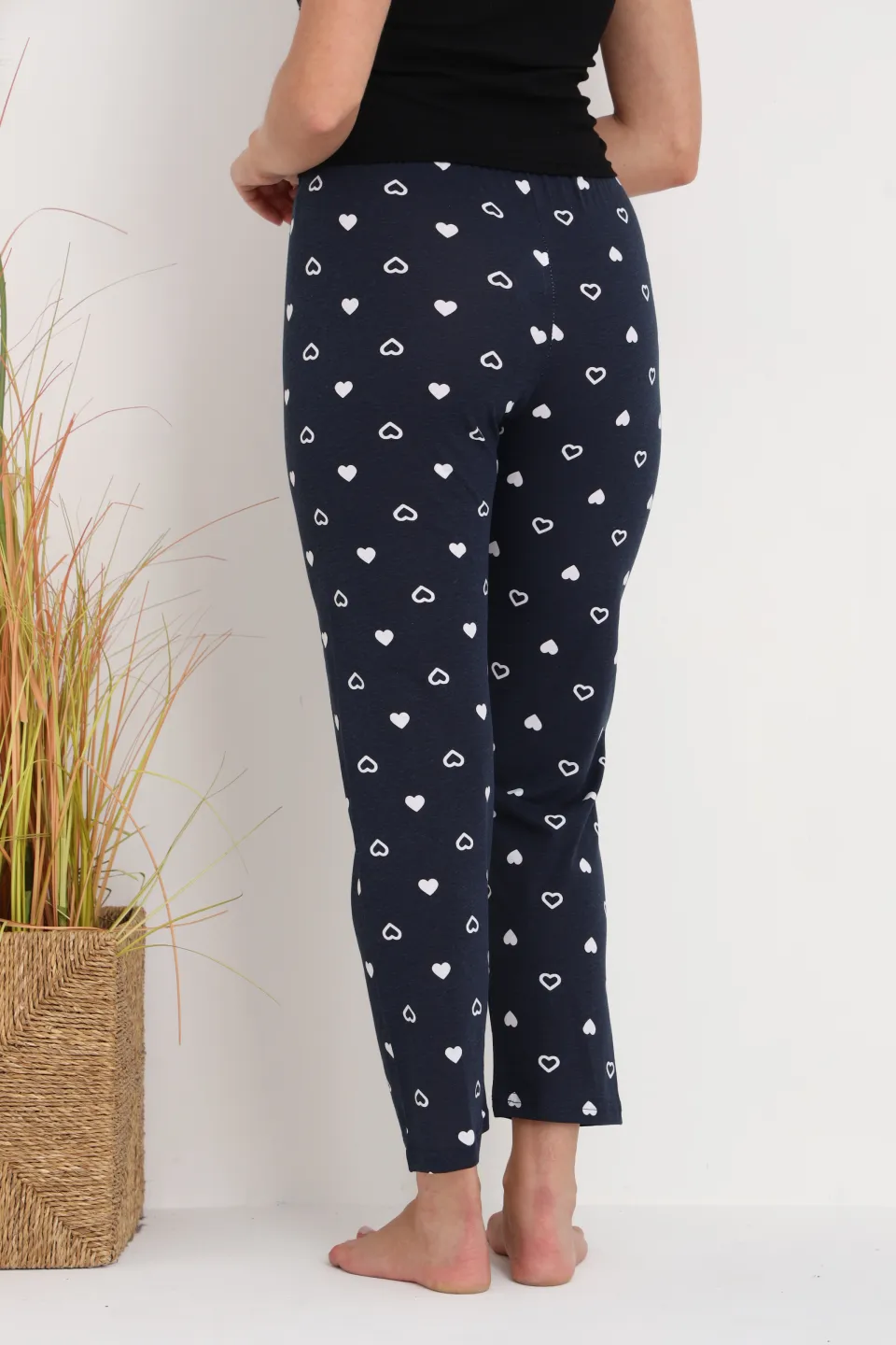 Pantaloni de pijama damă bleumarin cu inimioare albe