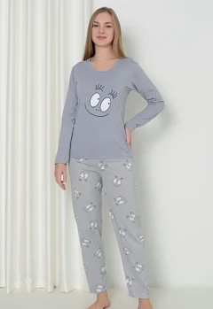 Pijama damă cu mânecă lungă și pantaloni lungi, imprimeu ,,Happy Face'', culoare gri