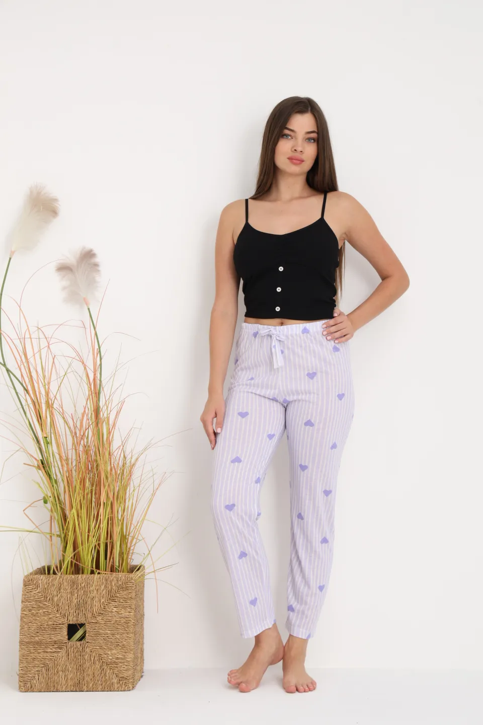 Pantaloni de pijama damă mov cu dungi și inimioare, croială lejeră, bumbac & poliester