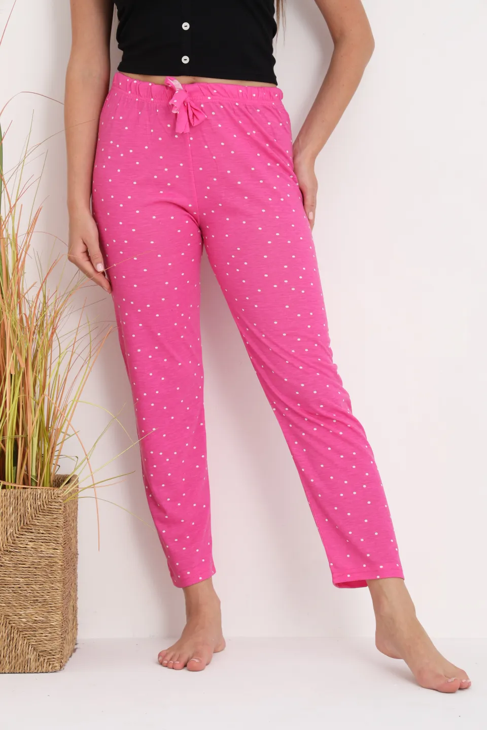 Pantaloni de pijama damă roz cu puncte albe