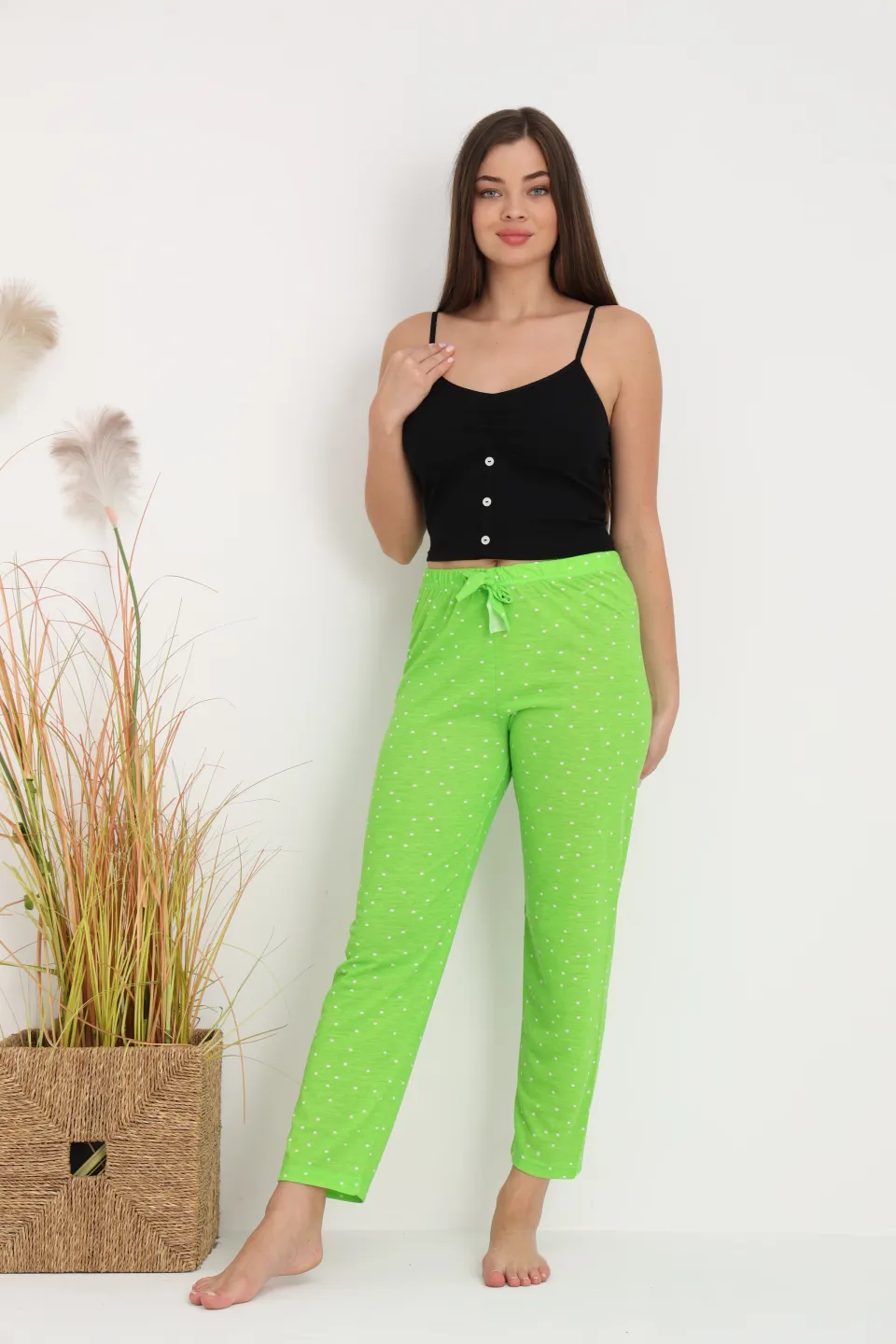 Pantaloni de pijama damă verde aprins cu puncte albe
