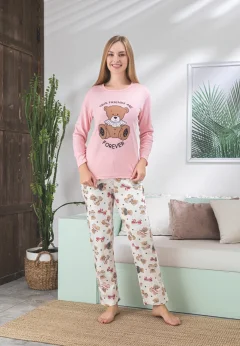 Pijama damă roz cu mânecă lungă și pantaloni lungi, imprimeu cu ursuleț și text „True Friends Are Forever”