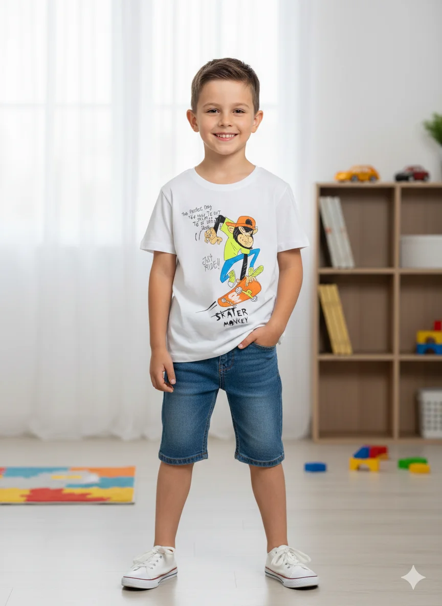 Tricou copii băieți alb cu imprimeu „Skater Monkey”