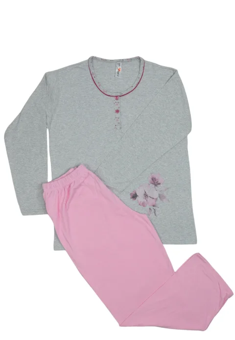 Pijama damă  din bumbac mânecă lungă și pantaloni lungi gri cu roz