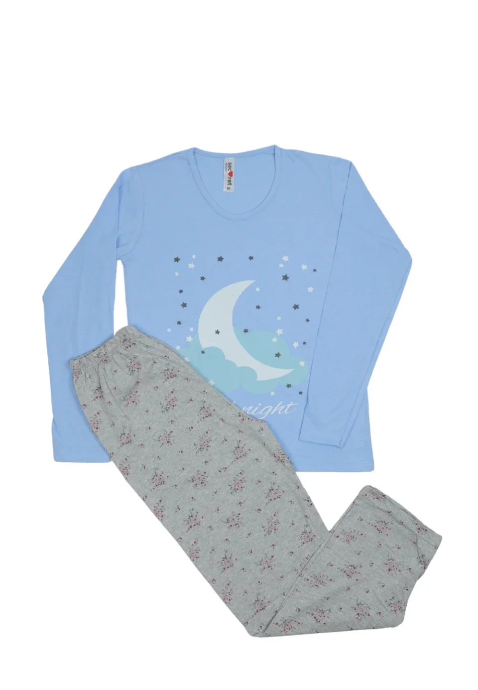 Pijama damă din bumbac mânecă lungă și pantaloni lungi blue