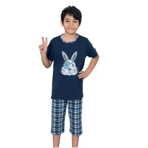 Pijama băieți, mânecă scurtă , imprimeu haios cu iepure, bleumarin