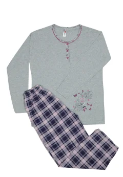 Pijama damă  din bumbac mânecă lungă și pantaloni lungi cu carouri