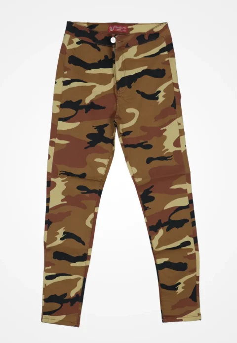 Blugi damă skinny talie înaltă – material elastic, subțire, camuflaj maro