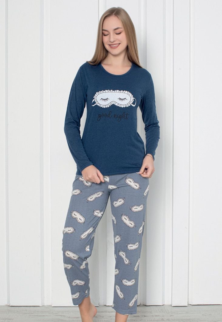 Pijama damă  cu mânecă lungă și pantaloni lungi, imprimeu ,,Good Night'', culoare bleumarin
