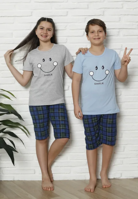 Pijama familie-copii, bumbac, mânecă scurtă și pantaloni 3/4, gri