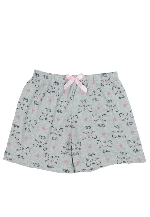 Short damă pijama din bumbac, gri, imprimeu pisicuțe