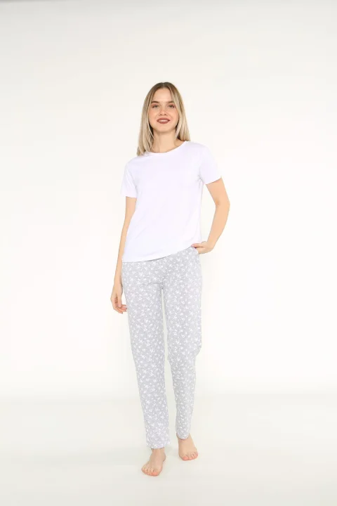 Pijama damă Arnetta alb-gri cu imprimeu floral