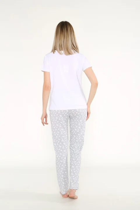 Pijama damă Arnetta alb-gri cu imprimeu floral