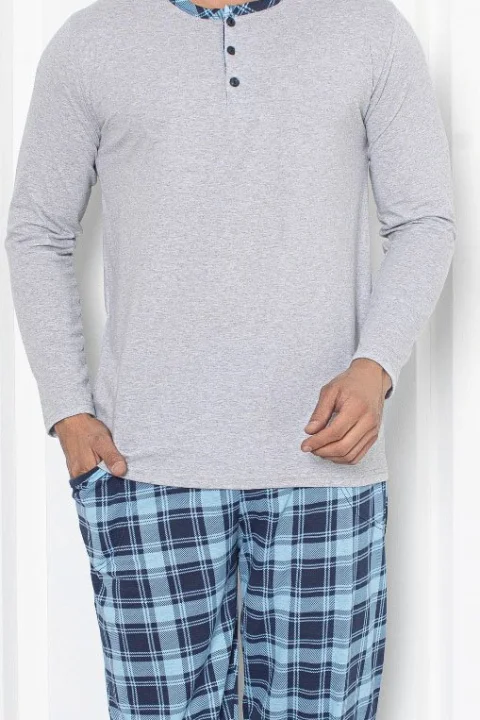 Pijama pentru bărbați gri, mânecă lungă, pantaloni lungi, 100% bumbac, carouri