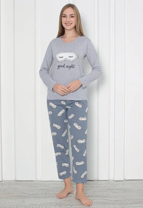 Pijama damă cu mânecă lungă și pantaloni lungi, imprimeu ,,Good Night'', culoare gri