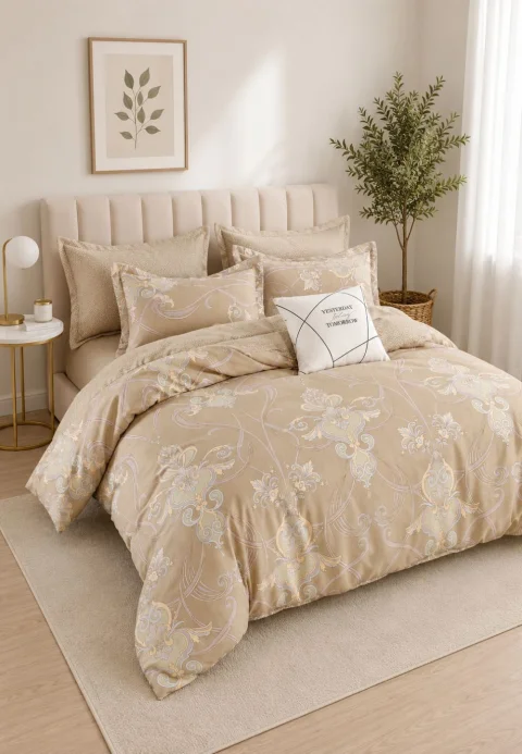 Lenjerie de pat finet cu elastic 6 piese – model royal beige — imagine 1