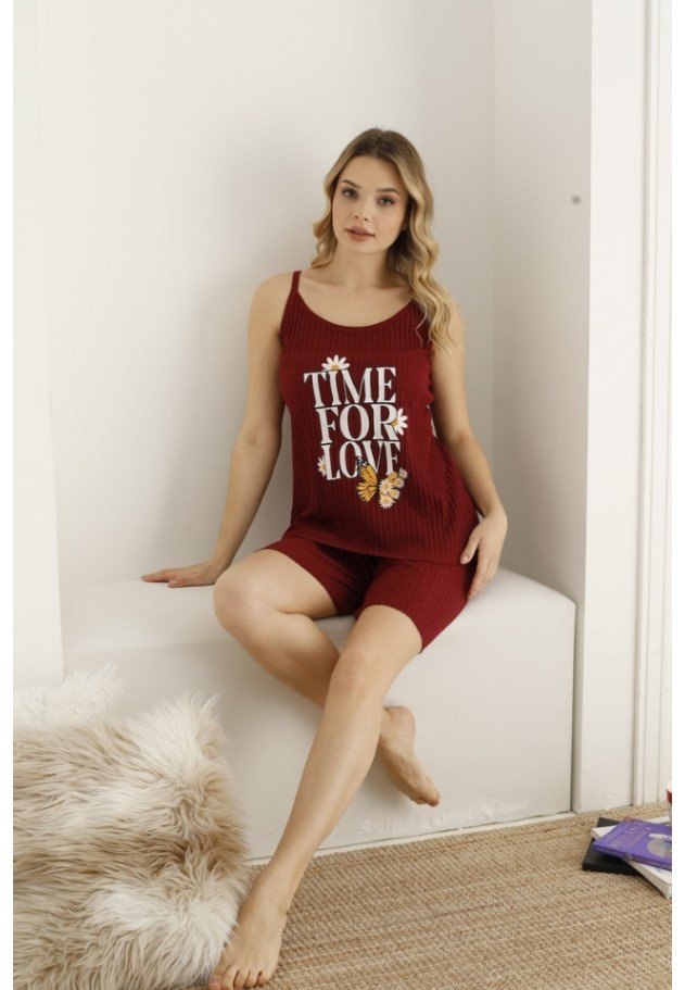 Pijama dama din bumbac cu imprimeu "Time For Love'', maiou si pantaloni scurti, rosu