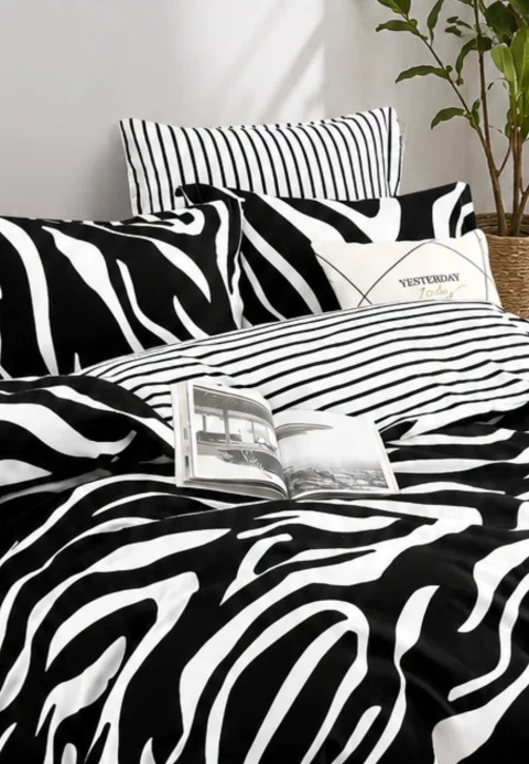 Lenjerie de pat finet cu elastic 6 piese – model zebra alb-negru — imagine 4