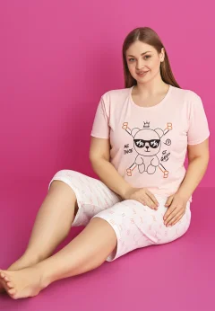 Pijama damă bumbac mărime mare – Set 2 piese: tricou + pantaloni 3/4 imprimeu SE GOOD