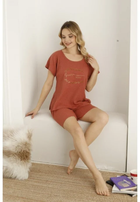 Pijama damă, maneca scurta si pantaloni scurti, culoare maro, imprimeu ,,Thanks''