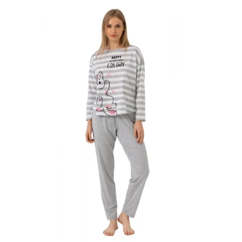 Pijamale damă  gri cu mânecă lungă și pantaloni lungi, imprimeu Cat Day