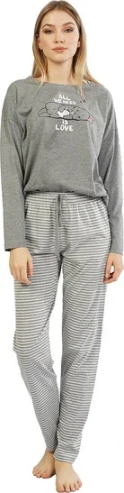 Pijamale damă cu mânecă lungă și pantaloni lungi, imprimeu All We Need Is Love, gri