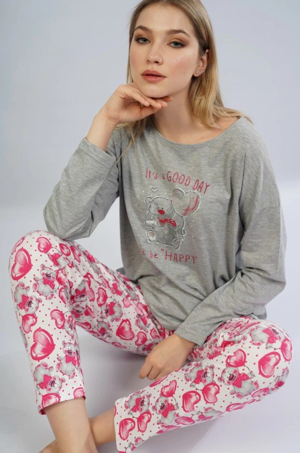 Pijamale damă cu mânecă lungă și pantaloni lungi, imprimeu It's A Good Day, gri