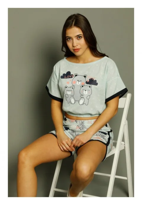 Pijama damă, cu mânecă scurtă  și pantaloni scurti din bumbac, imprimeu ,,Love You''
