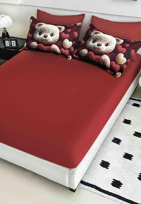 Lenjerie de pat imprimeu digital 5D cu elastic 6 piese – model ursuleți și inimioare romantic — imagine 3