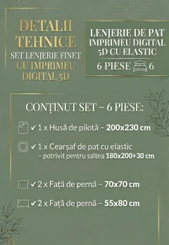 Lenjerie de pat imprimeu digital 5D cu elastic 6 piese – model floral negru