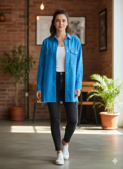 Cămașă denim damă albastră cu capse și buzunare la piept