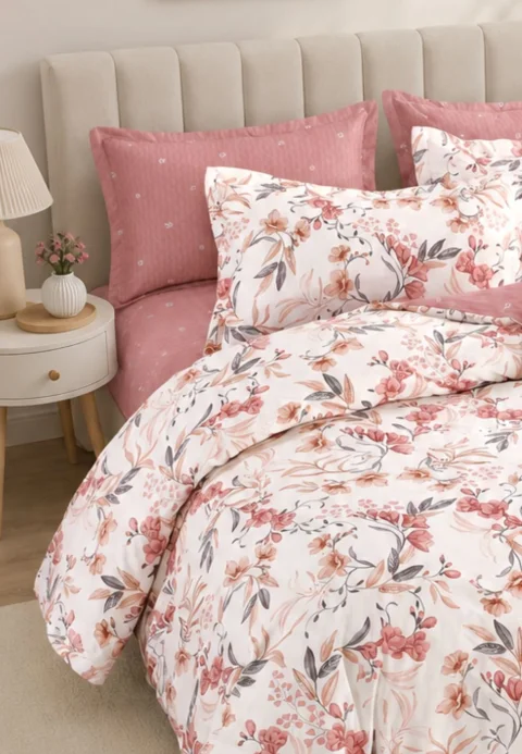 Lenjerie de pat finet cu elastic 6 piese – model floral roz-crem — imagine 4