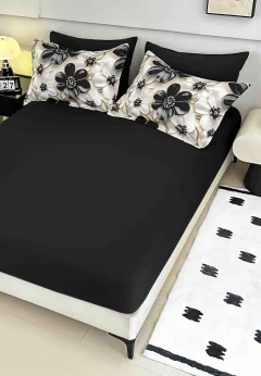 Lenjerie de pat imprimeu digital 5D cu elastic 6 piese – model floral negru