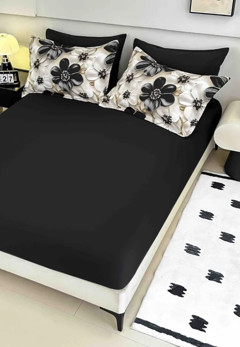 Lenjerie de pat imprimeu digital 5D cu elastic 6 piese – model floral negru — imagine 3