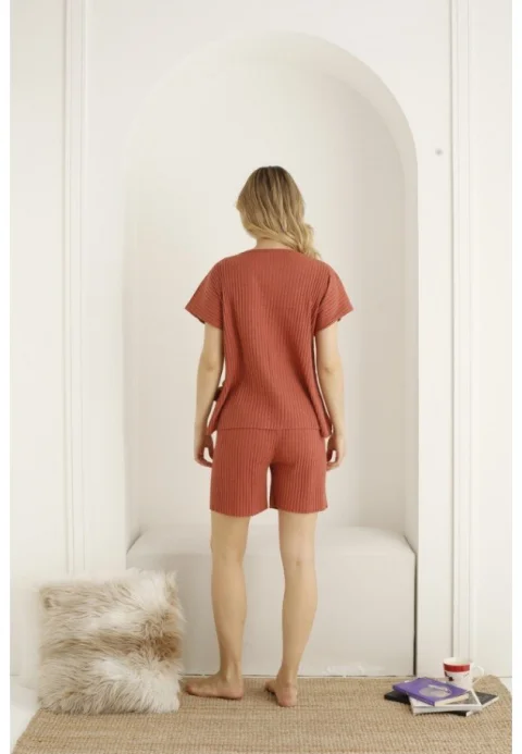 Pijama damă, maneca scurta si pantaloni scurti, culoare maro, imprimeu ,,Thanks''