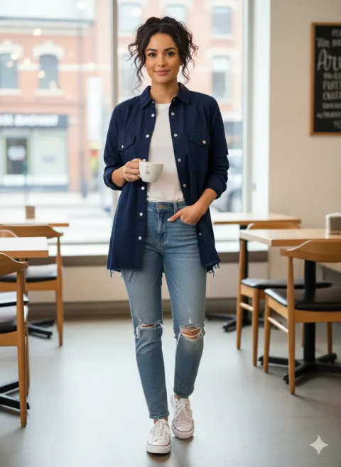 Cămașă denim damă bleumarin cu capse și buzunare la piept — imagine 1