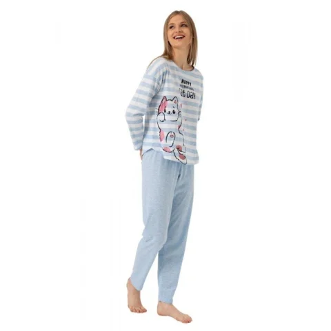 Pijamale damă cu mânecă lungă și pantaloni lungi, imprimeu Cat Day, blue