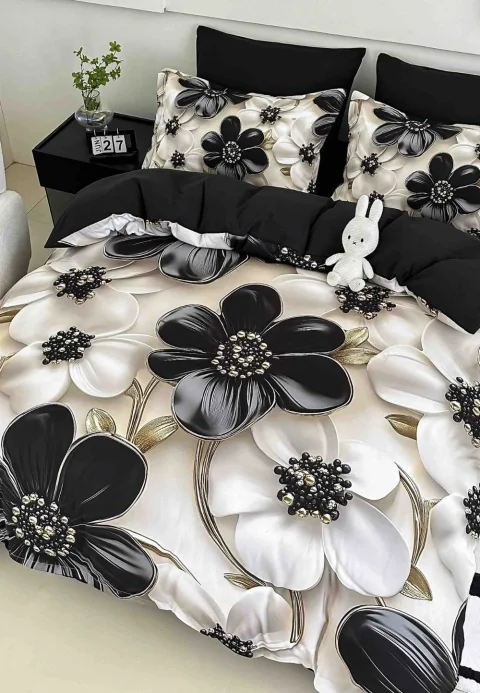 Lenjerie de pat imprimeu digital 5D cu elastic 6 piese – model floral negru