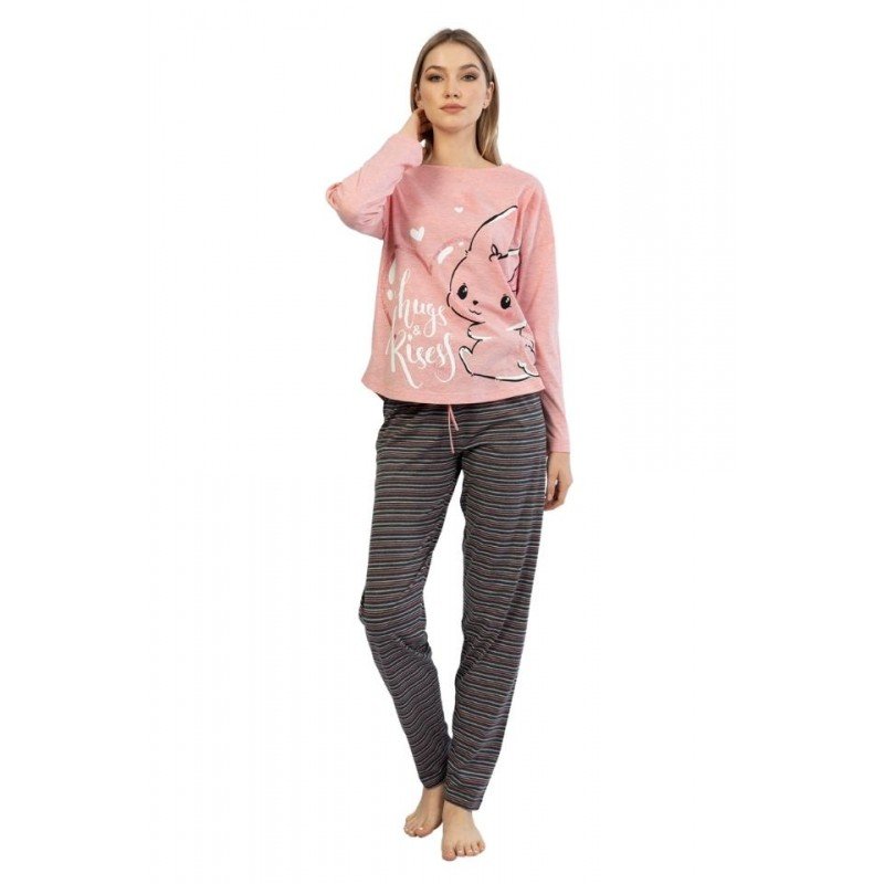 Pijamale damă cu mânecă lungă și pantaloni lungi, imprimeu iepure, roz