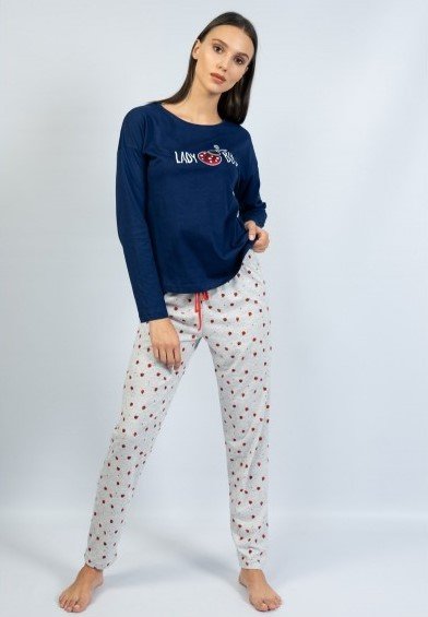 Pijamale damă cu mânecă lungă și pantaloni lungi, imprimeu buburuză
