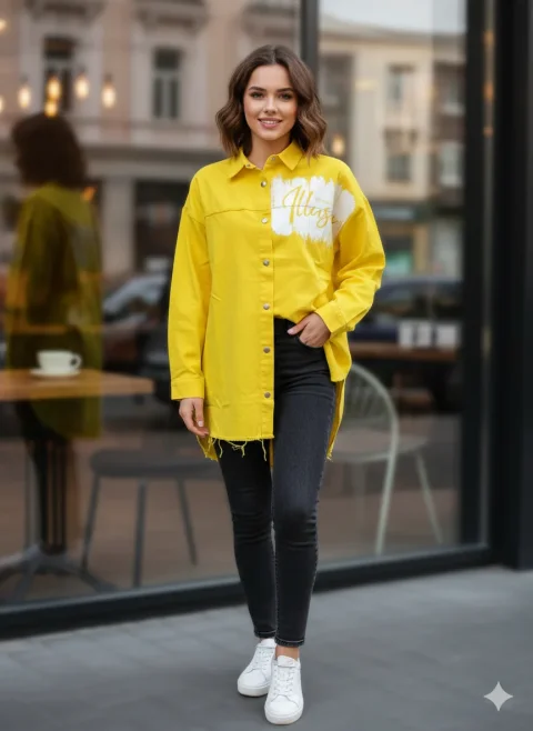 Cămașă denim damă galbenă cu capse și imprimeu „It’s Only an Ilusion” — imagine 1