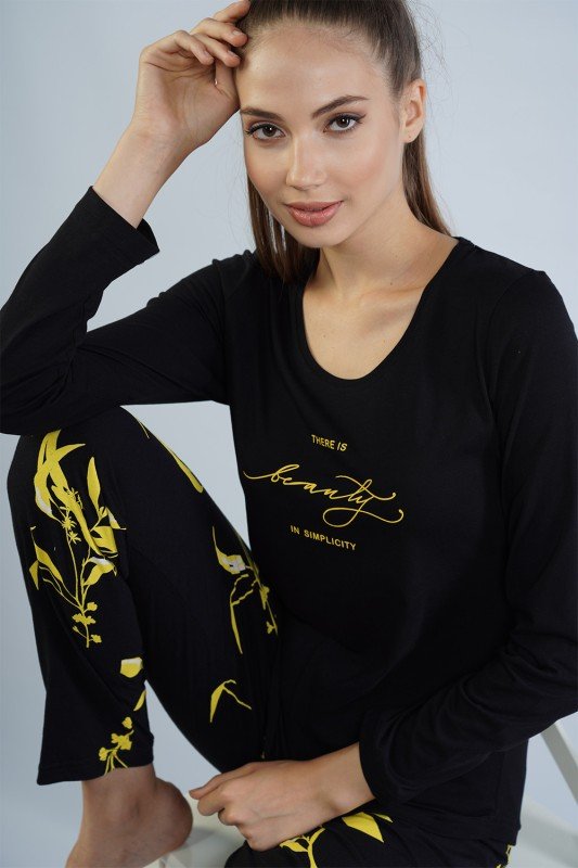 Pijamale damă cu mânecă lungă și pantaloni lungi, imprimeu floral, negru