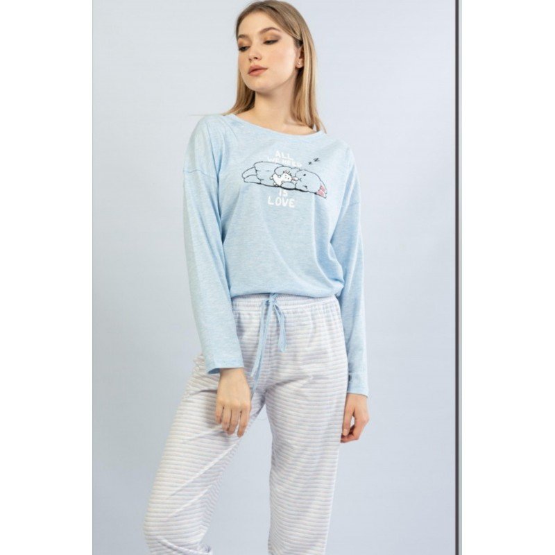 Pijamale damă cu mânecă lungă și pantaloni lungi, imprimeu All We Need Is Love, blue