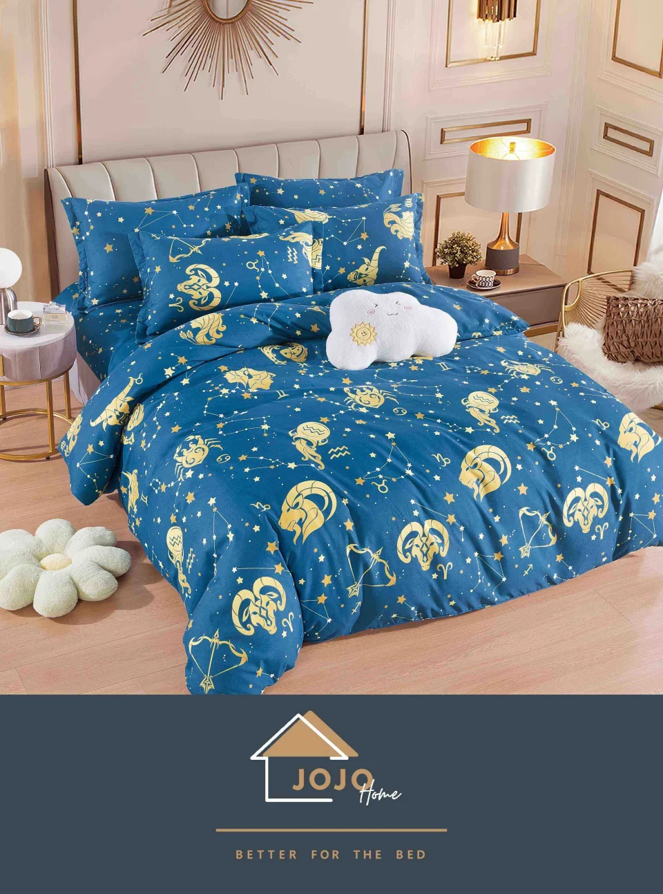 Lenjerie de pat finet cu elastic 6 piese – albastru cu zodii