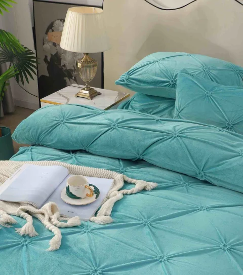 Lenjerie de pat din catifea cu pliuri, 4 piese, pentru pat dublu, culoare BLUE