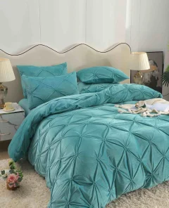 Lenjerie de pat din catifea cu pliuri, 4 piese, pentru pat dublu, culoare BLUE